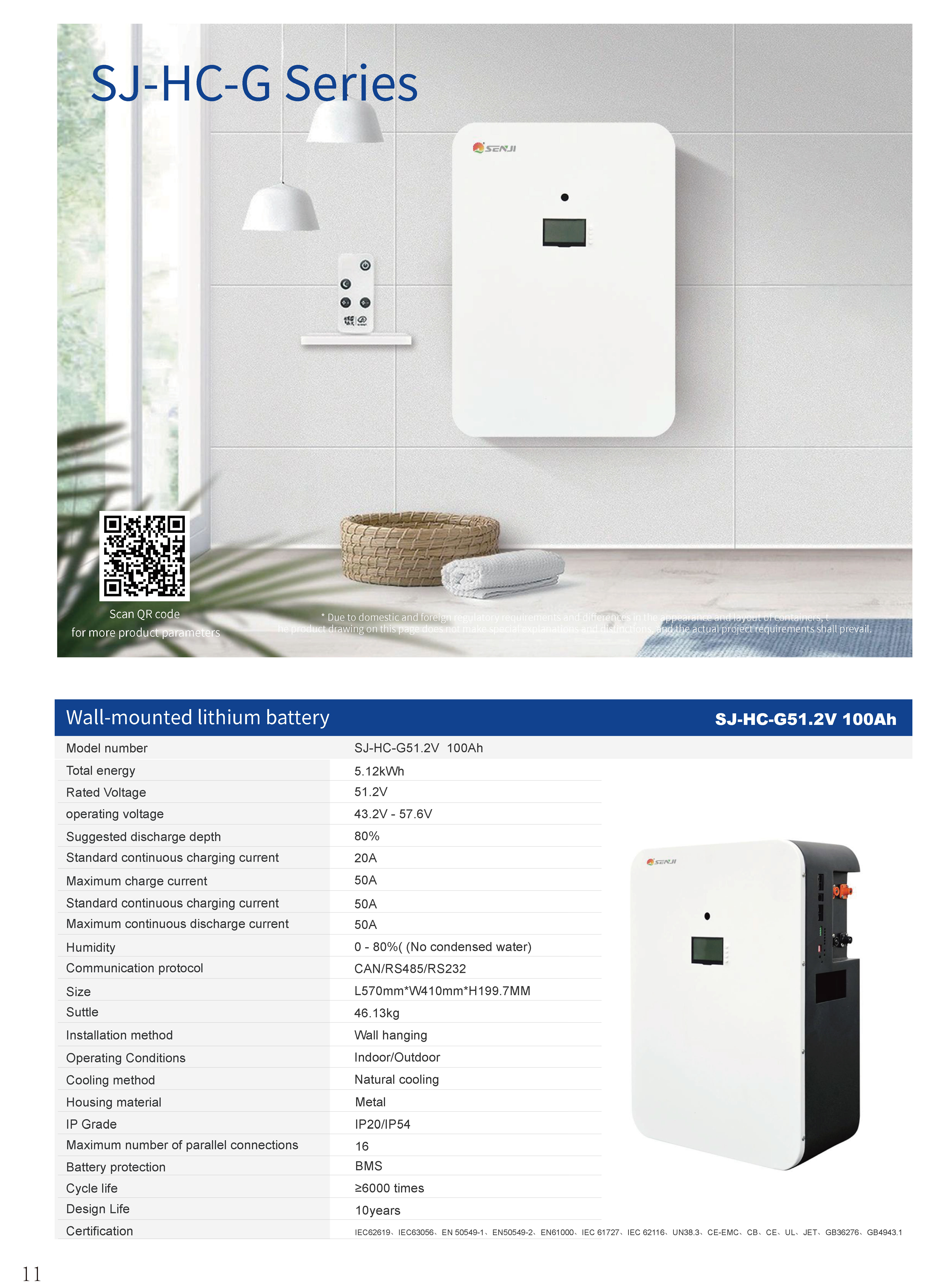 SENJI Wall-mounted lithium battery  SJ-HC-G51.2V 100Ah